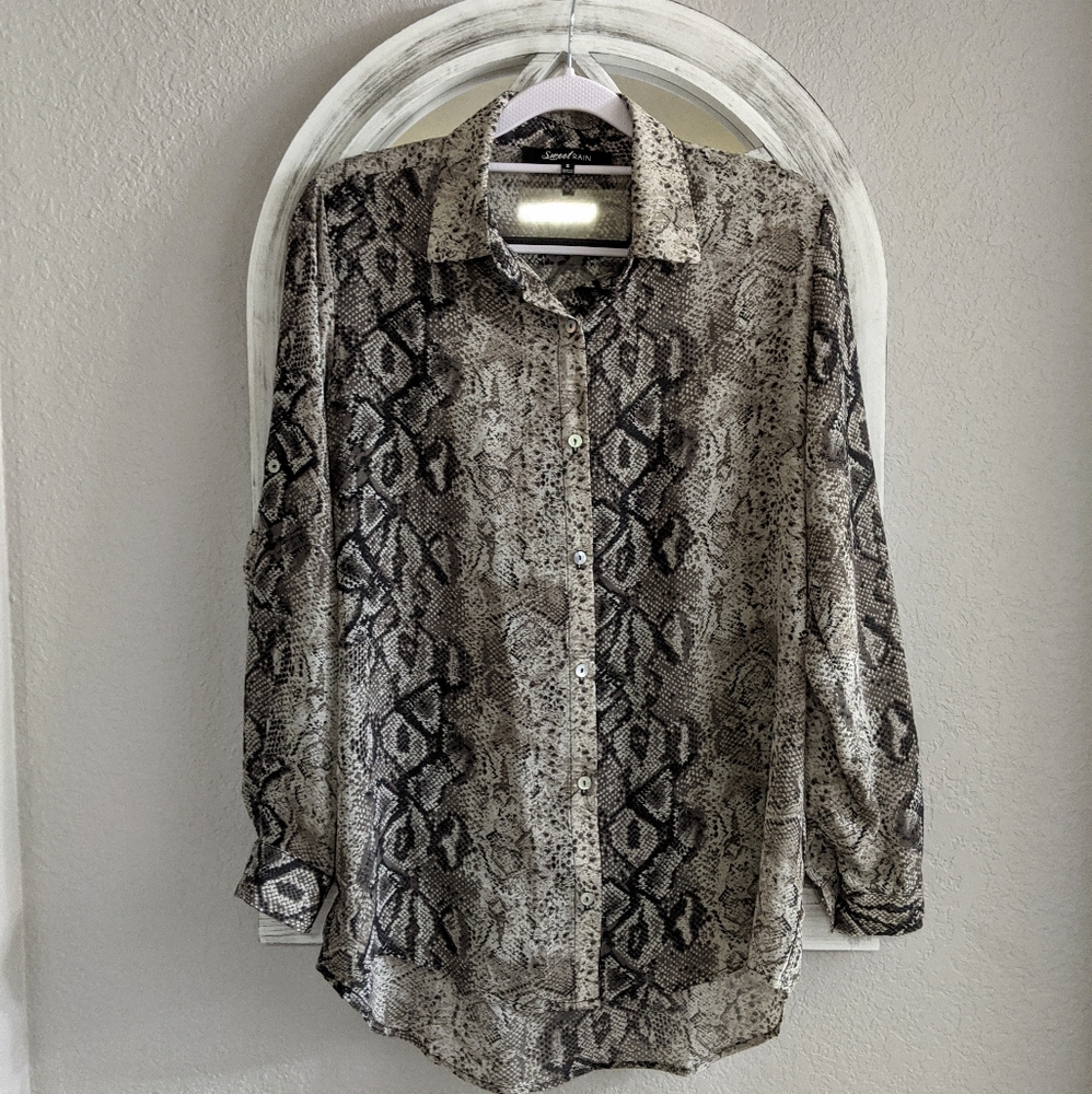 Long sleeve sheer snakeskin print blouse